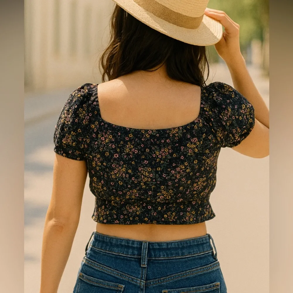 Jessica Simpson Black and Pink Floral Crop Blouse